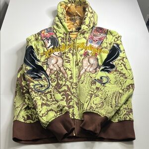 Christian Audigier Green and Brown Graphic Jacket
